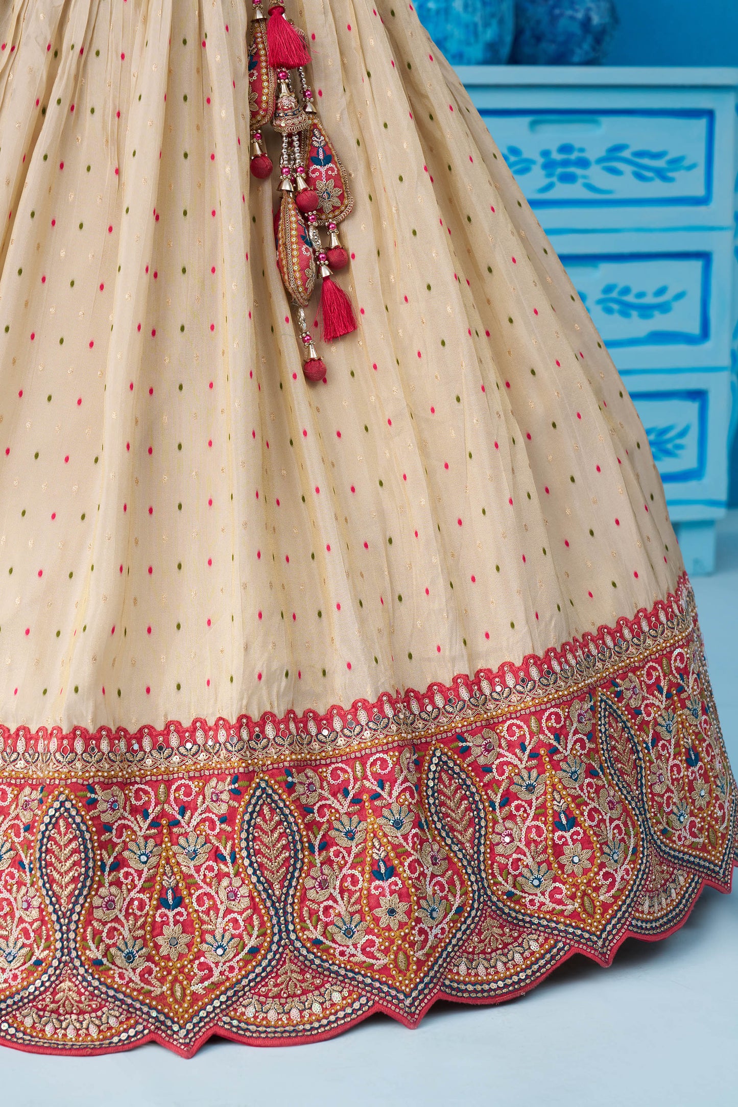 Cream Jacquard Tissue Sequinned Thread & Embroidered Bridesmaid Lehenga