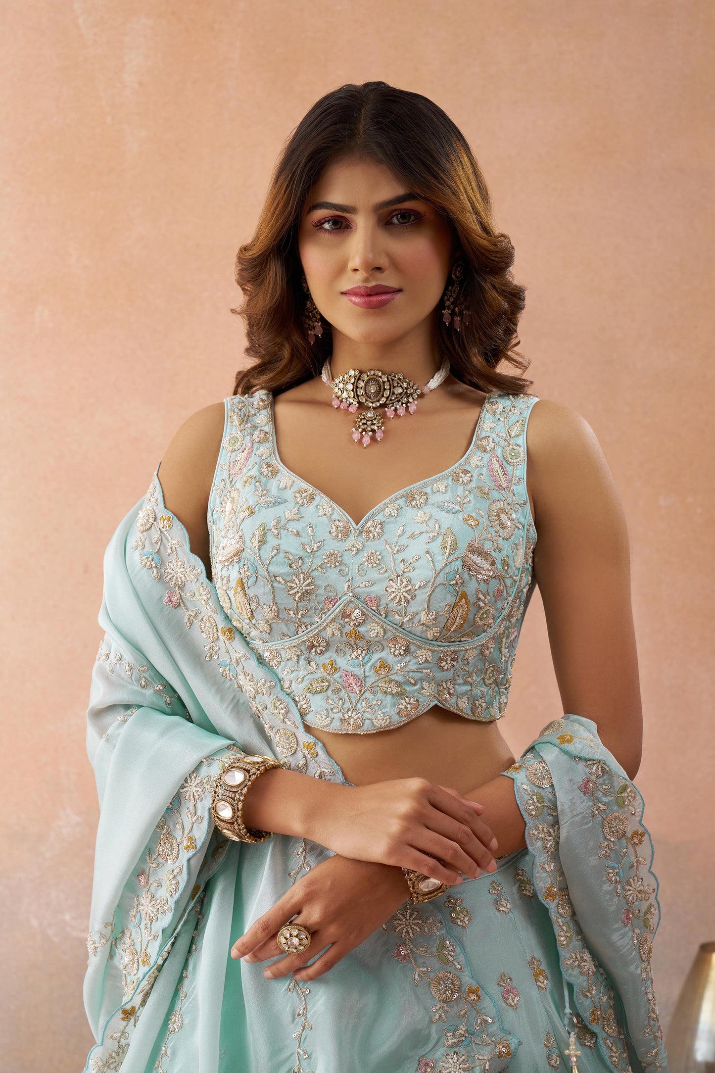 Sky Blue Tissue Beads & Sequins Embroidered Bridesmaid Lehenga