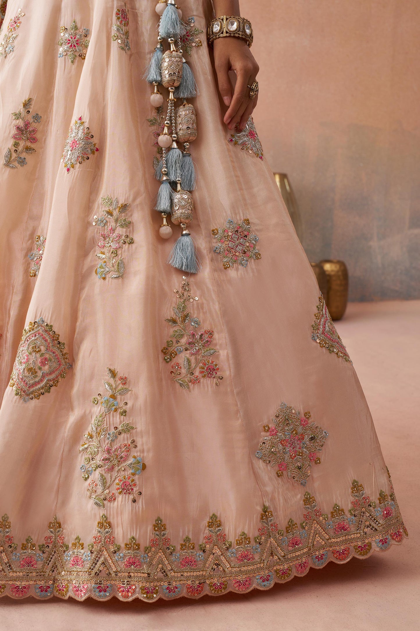 Peach Tissue Sequins & Zari Embroidered Wedding Guest Lehenga