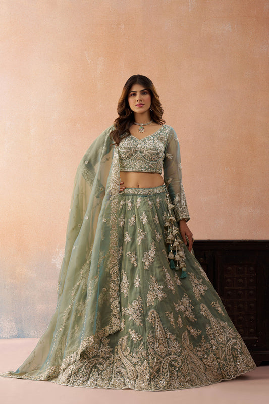 Sea Green Tissue Beads & Sequins Embroidered Bridal Lehenga for Mehendi