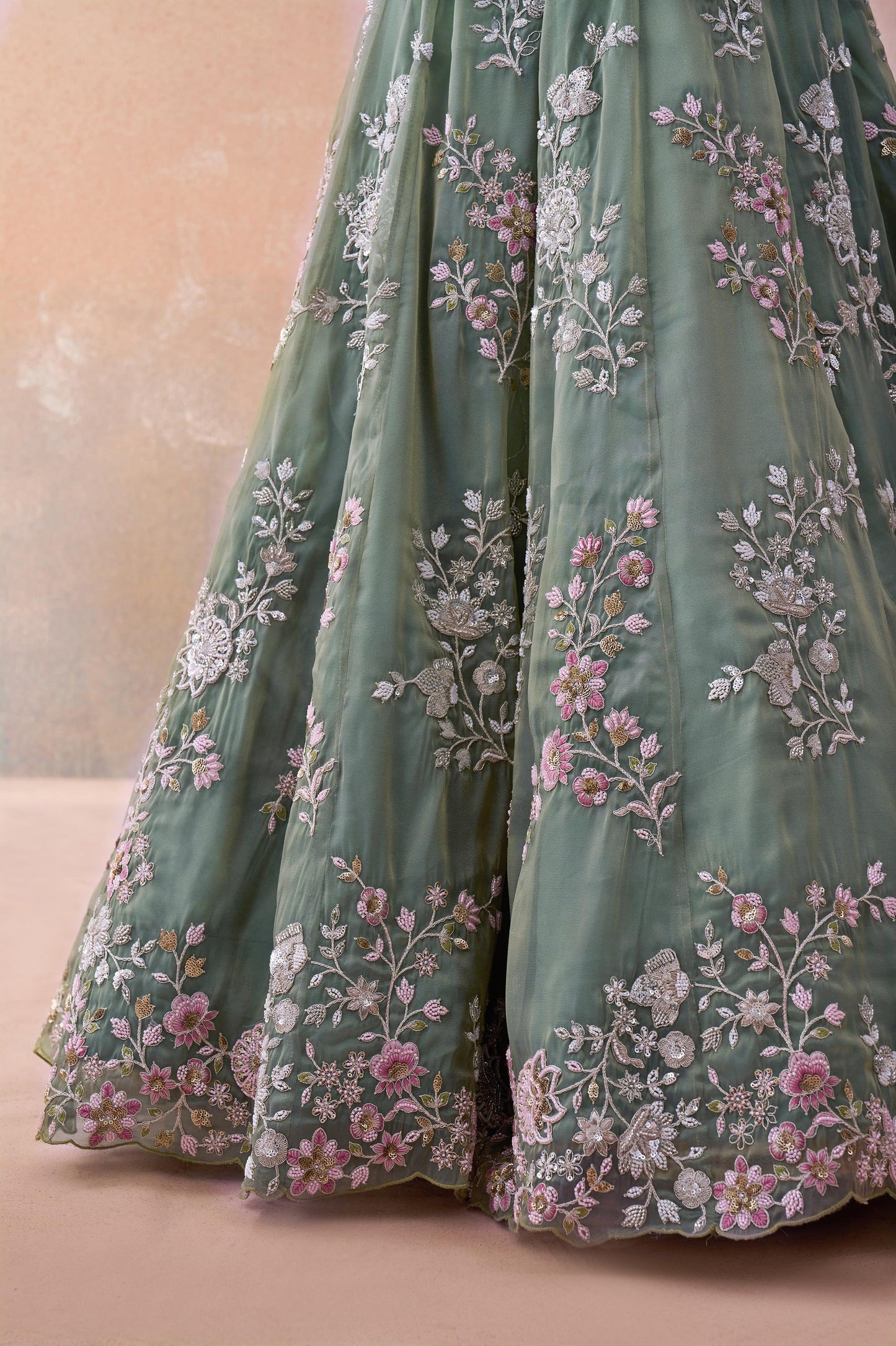 Green Tissue Beads & Sequins Embroidered Bridesmaid Lehenga