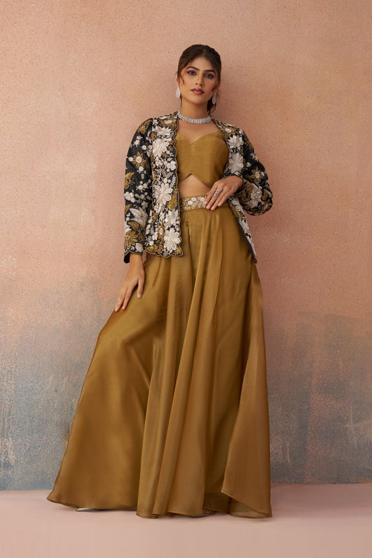 Golden Mustard & Black Tissue Floral Embroidered Festive Crop Top
