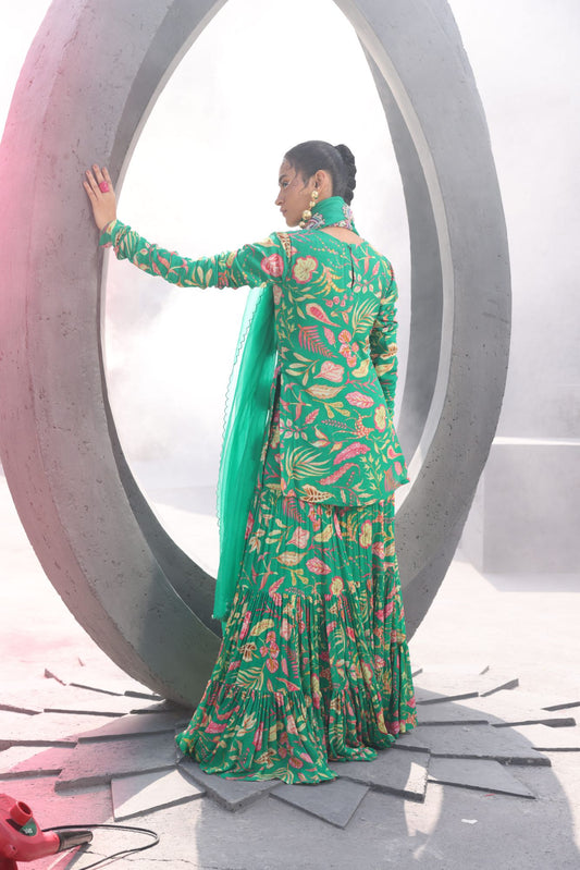 Pine Green color Kurti & Gharara Set with Patch Work Organza Dupatta