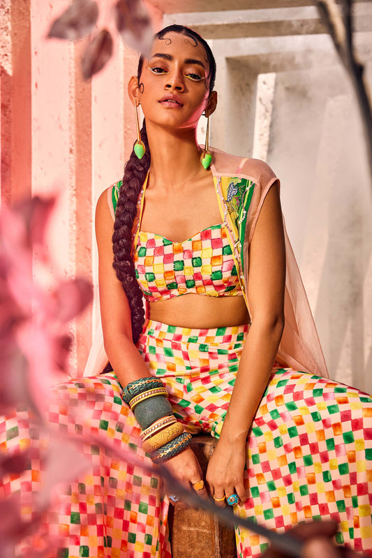 Multi-colored Bustier with Light work Shrug & Sharara Pants in Squared Print fabric