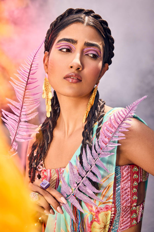 Light Blue Ruffle Georgette Saree in Floral Print