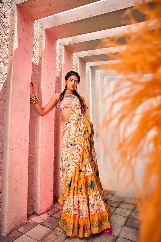 Drape-style Saree with Ruffle details in multi-color floral print