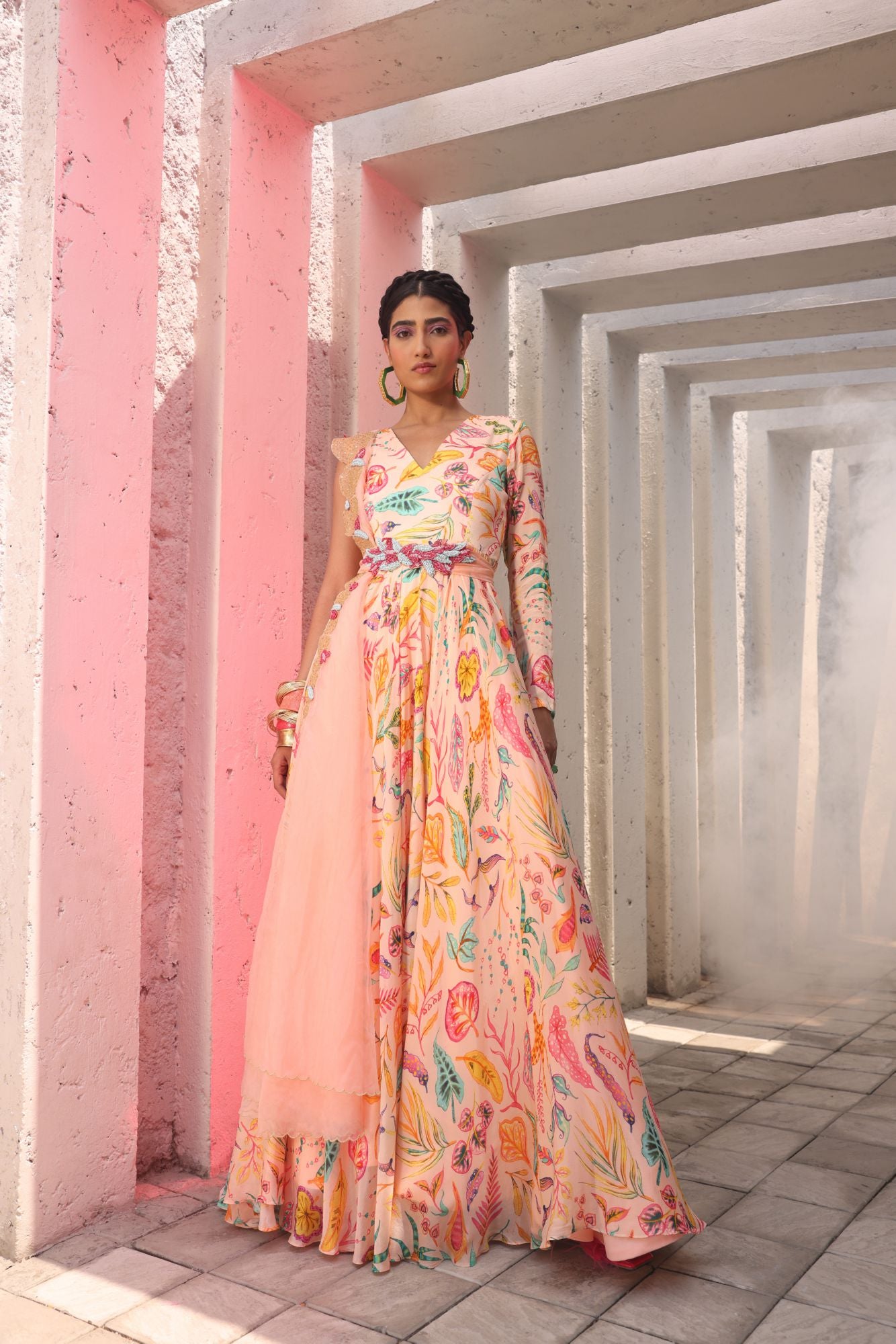 Light Peach Printed Chic Gown with Heavy Belt & Dupatta