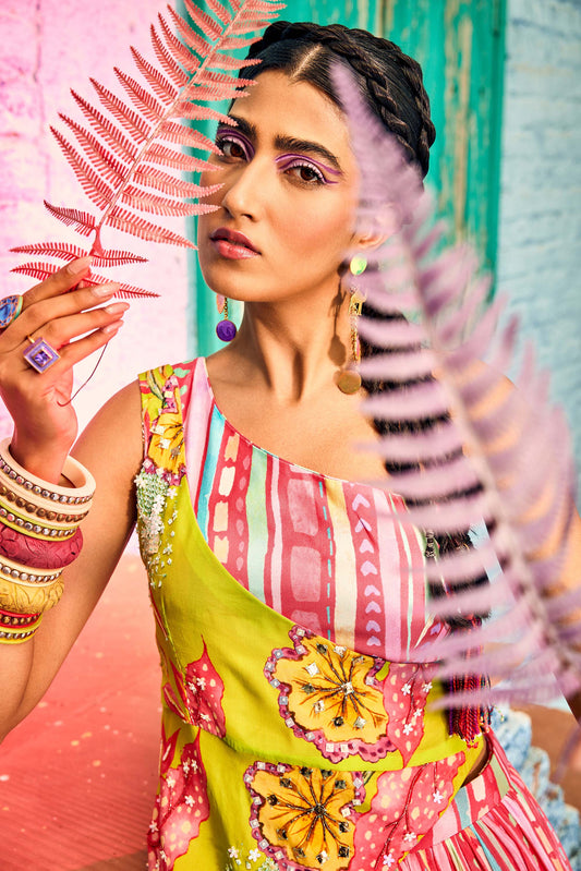 Beautiful candy color digital printed layered skirt with bustier and neon green one sided embroidered cape