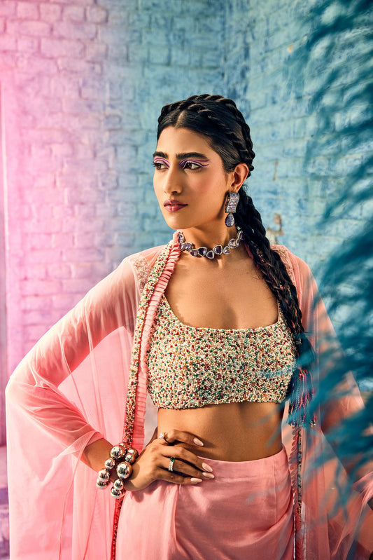 Ombre Pink Print Drape Crepe Skirt with multi-colored Bustier and Cape