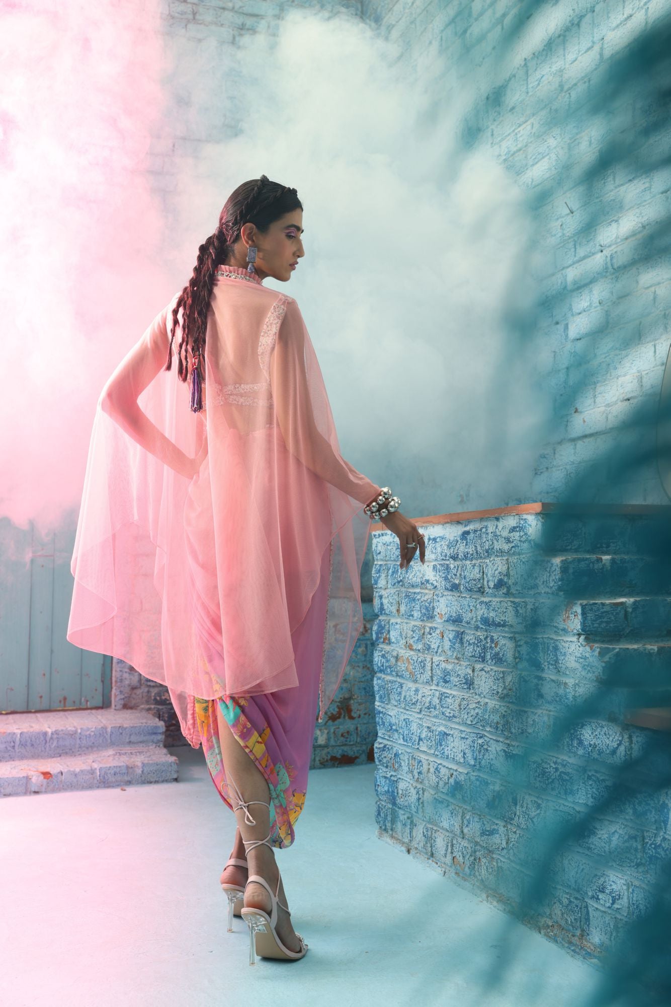 Ombre Pink Print Drape Crepe Skirt with multi-colored Bustier and Cape