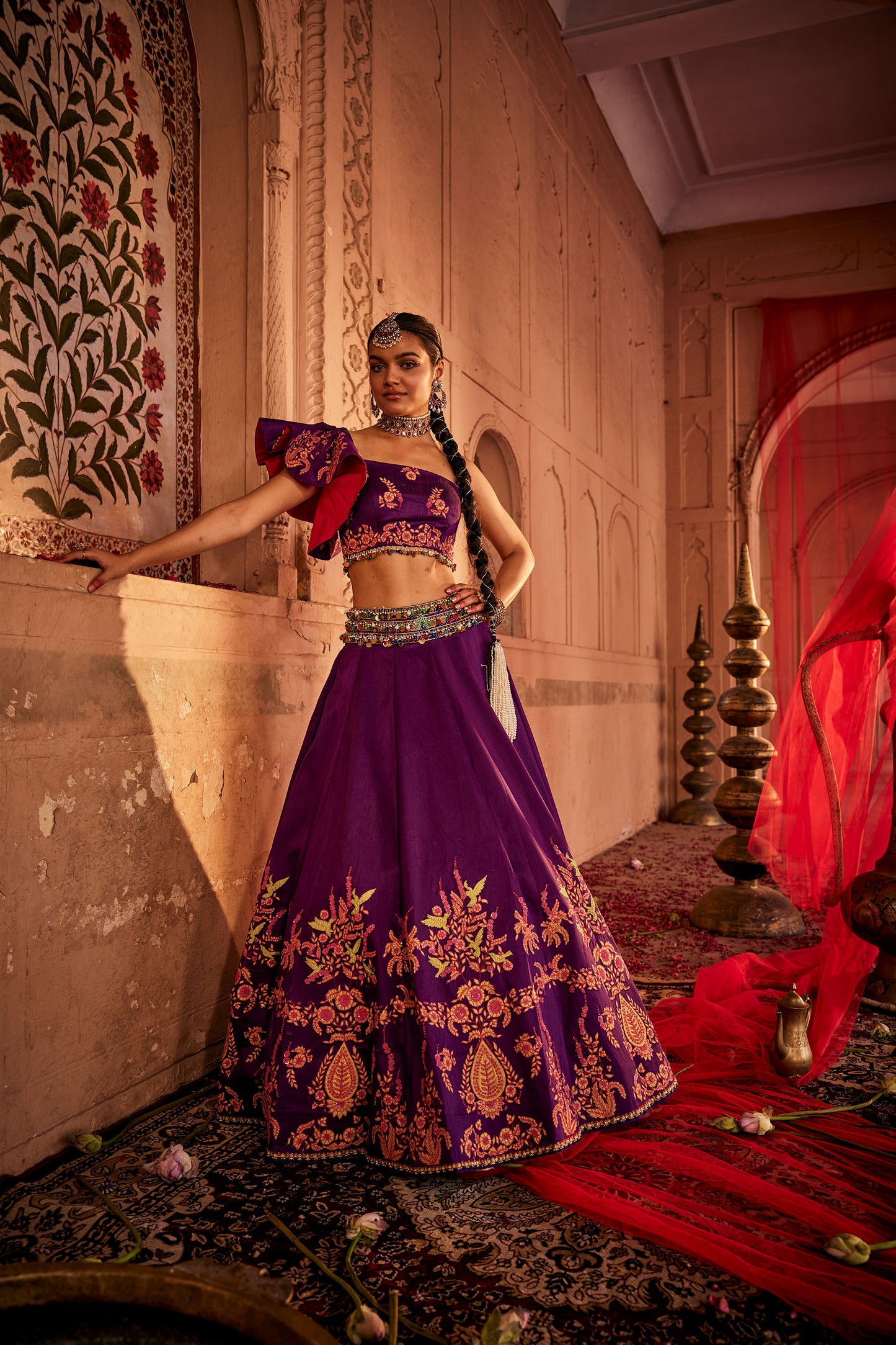 Purple Raw Silk Bridal Embroidered Lehenga Set