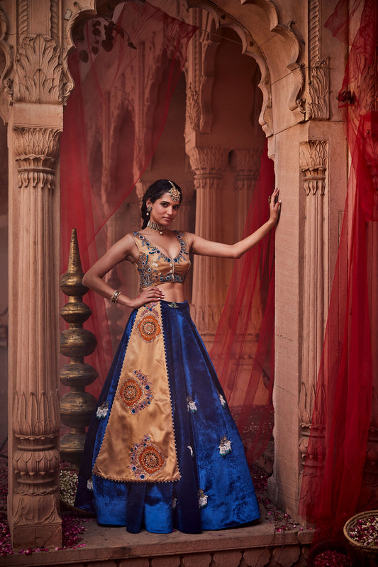 Royal Blue Velvet Lehenga with Golden Bodice