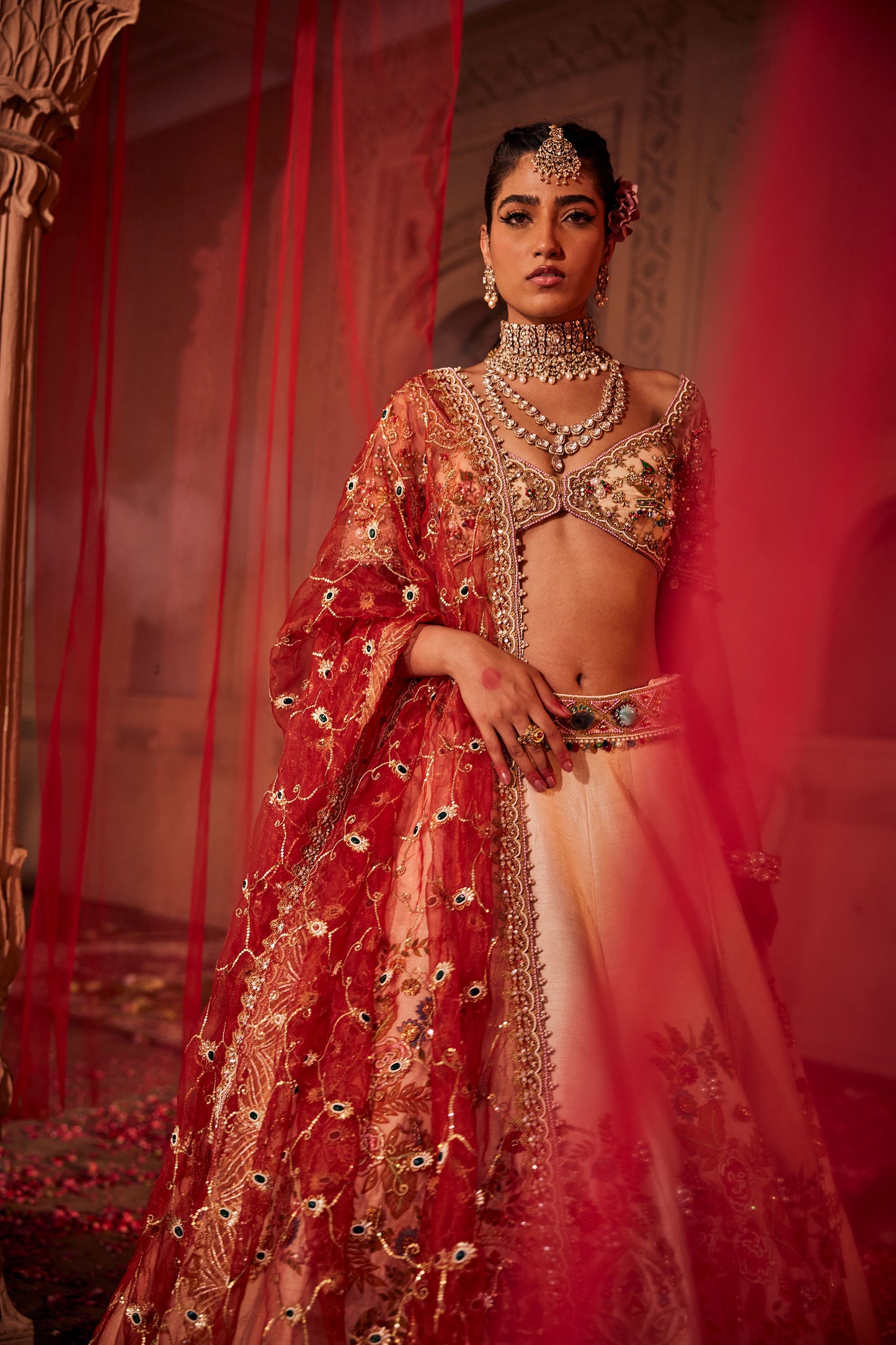 Ivory Embellished Bridal Lehenga with Red Dupatta