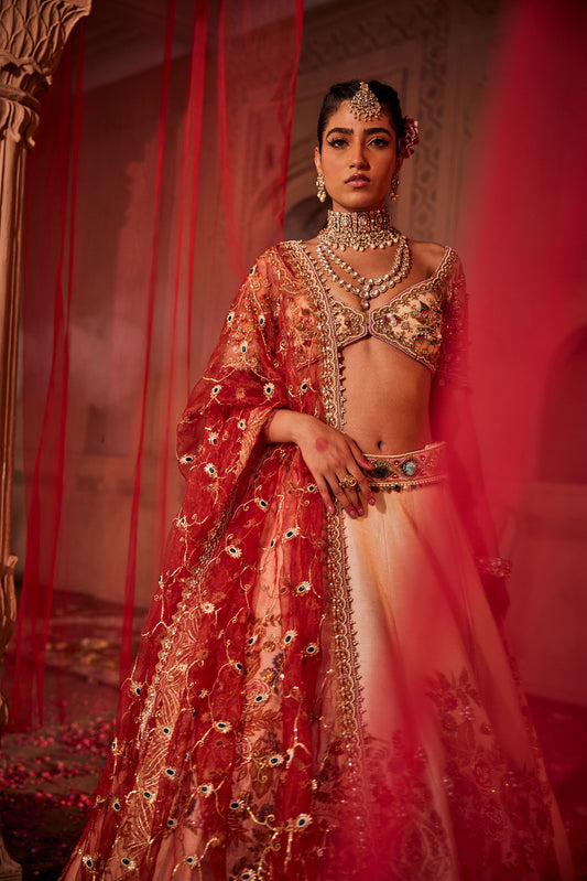 Ivory Embellished Bridal Lehenga with Red Dupatta