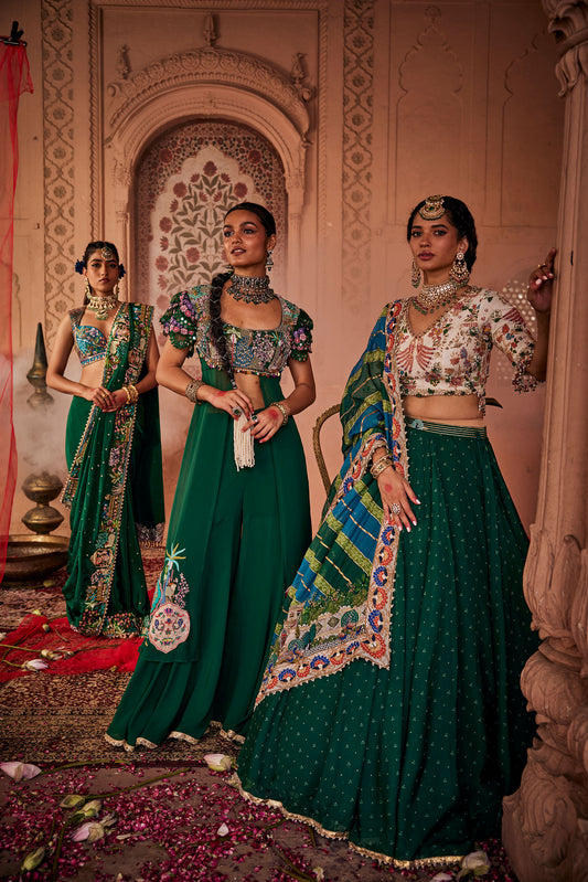 Natural Crepe Emerald Green Embroidered Saree