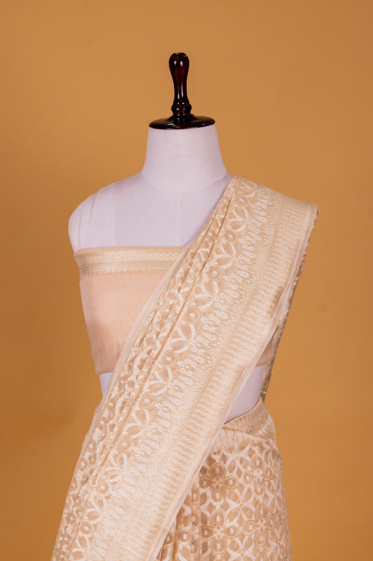 Beige Banarasi Cotton Cutwork Saree