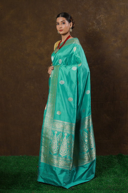 Light Green Handwoven Kadwa Katan Silk Saree - Panaya