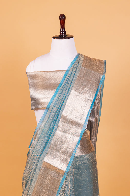 Turquoise blue Tissue Pure Silk Dyed Saree - Panaya
