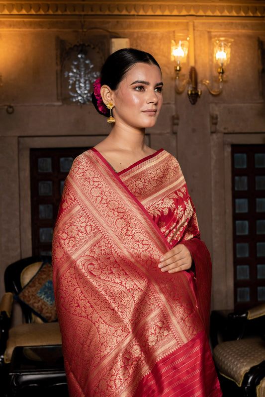 Cherry Red Handwoven Cutwork Katan Silk Saree - Panaya