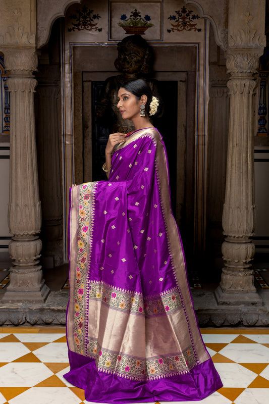 Purple Handwoven Kadwa Katan Silk Saree - Panaya