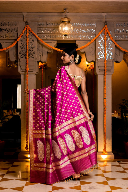Rani Pink Handwoven Kadwa Katan Silk Saree - Panaya