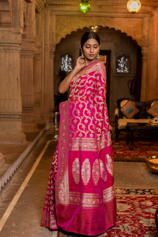 Pink Handwoven Kadwa Katan Silk Saree - Panaya