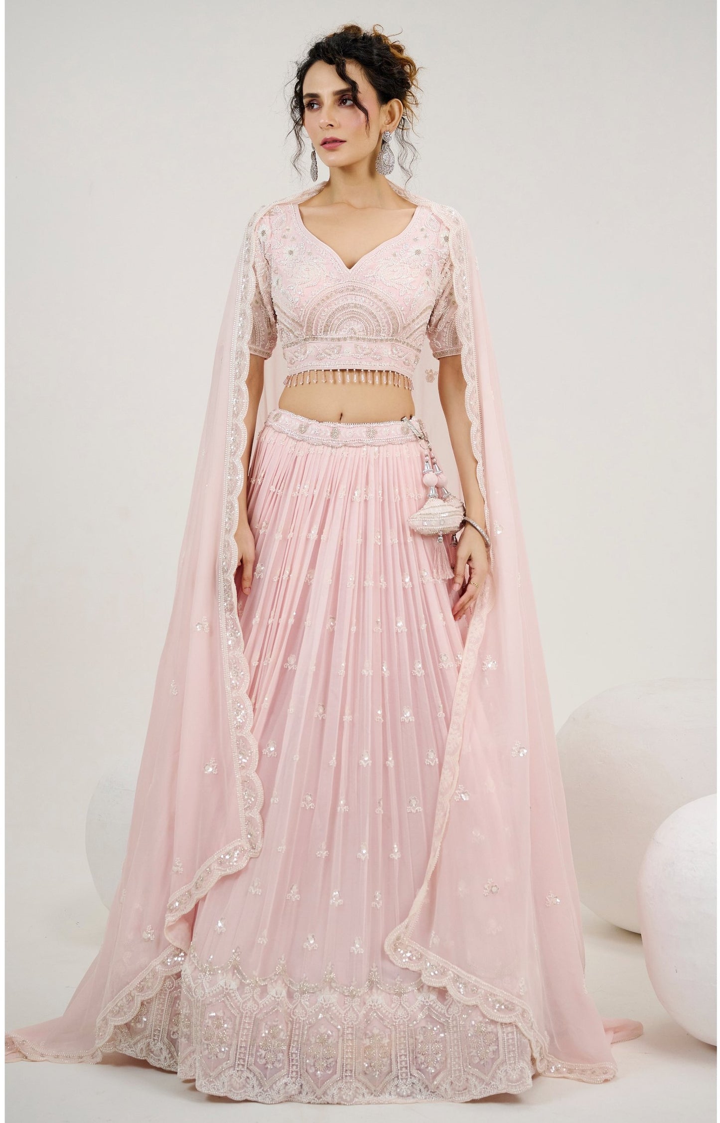 Pastel Pink Sequins and Thread Embroidery Reception Lehenga