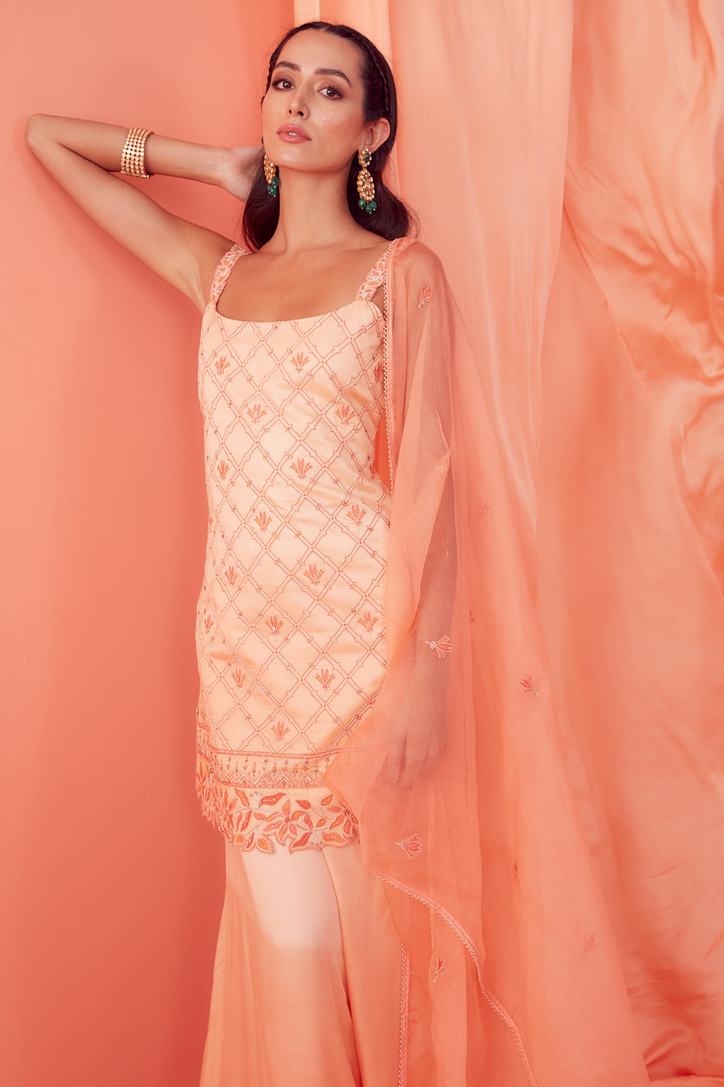 Peach Tonal Embroidered Sharara Set - Aarambh