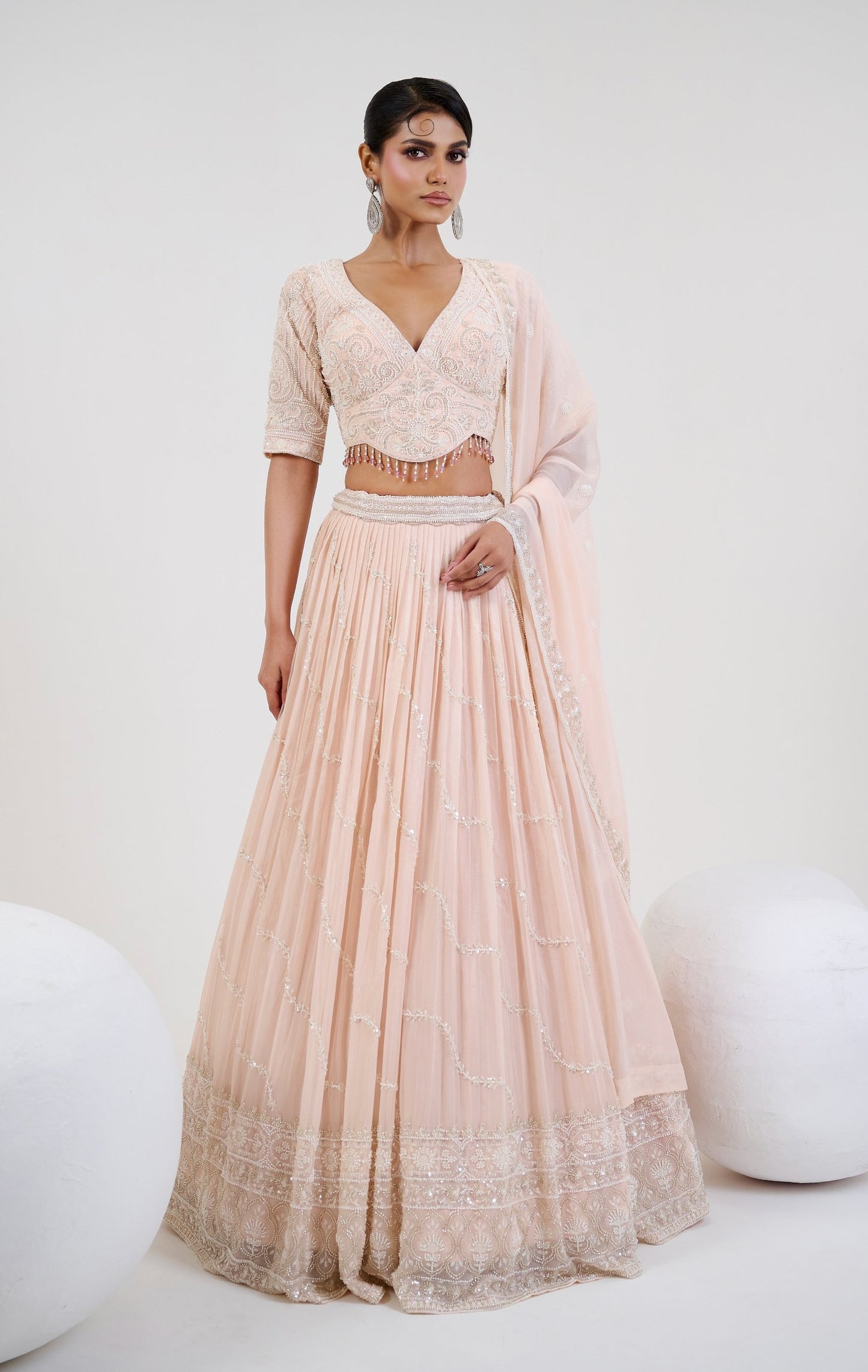 Peach Beads and Cutdana Embroidered Wedding Guest Lehenga