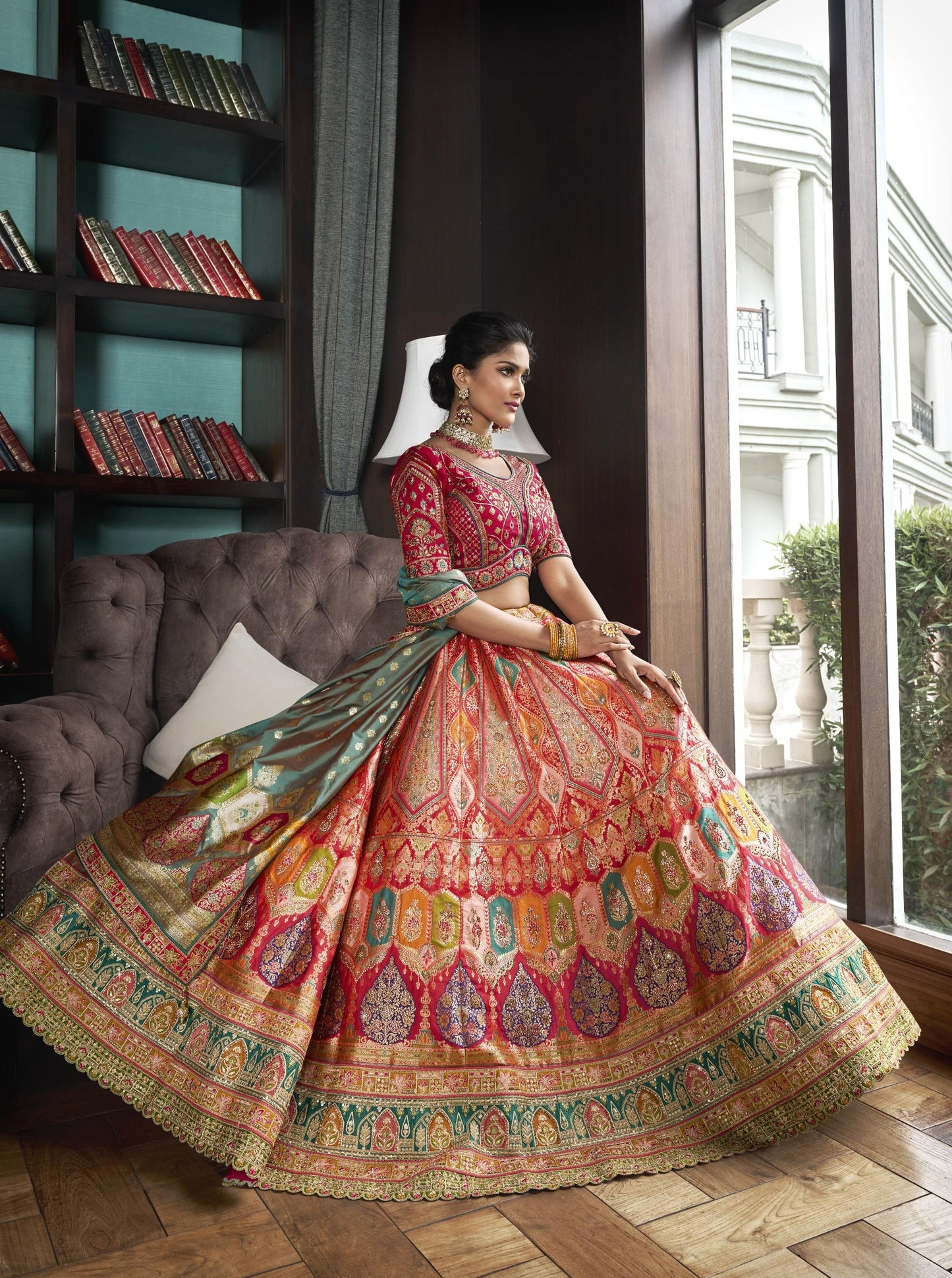 Peach and Dust Green Banarasi Silk Zarkan Embroidered Bridal Lehenga