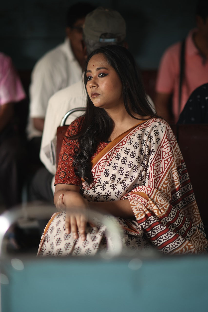 Beige Bagru White Saree with Rust Motif - Handblock Print Natural Dyed - Mulmul Cotton Saree