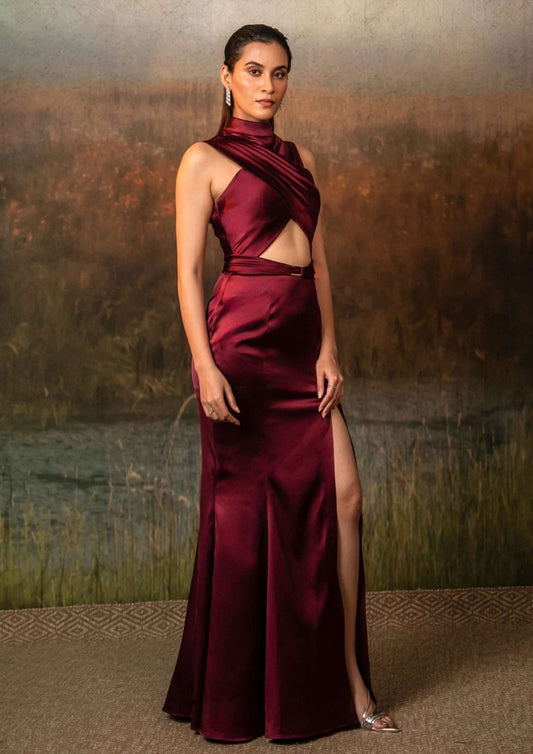 Althea Satin Party Wear Dress in Deep Maroon