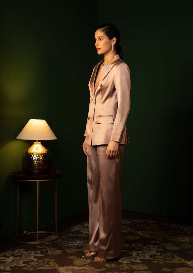 Double Breasted Liquid Sculpted Suit Ensemble in Dusty Rose Pink