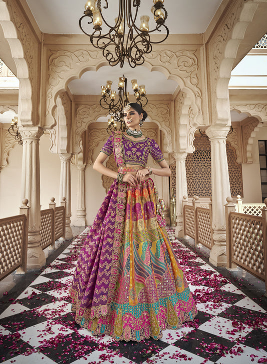 Purple & Multi Color Banarasi Silk Zarkan & Cutwork Embroidery Bridal Lehenga