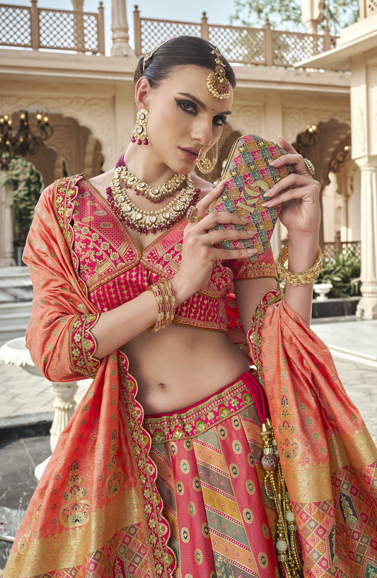 Peach & Pink Banarasi Silk Zarkan & Cutwork Embroidery Bridal Lehenga