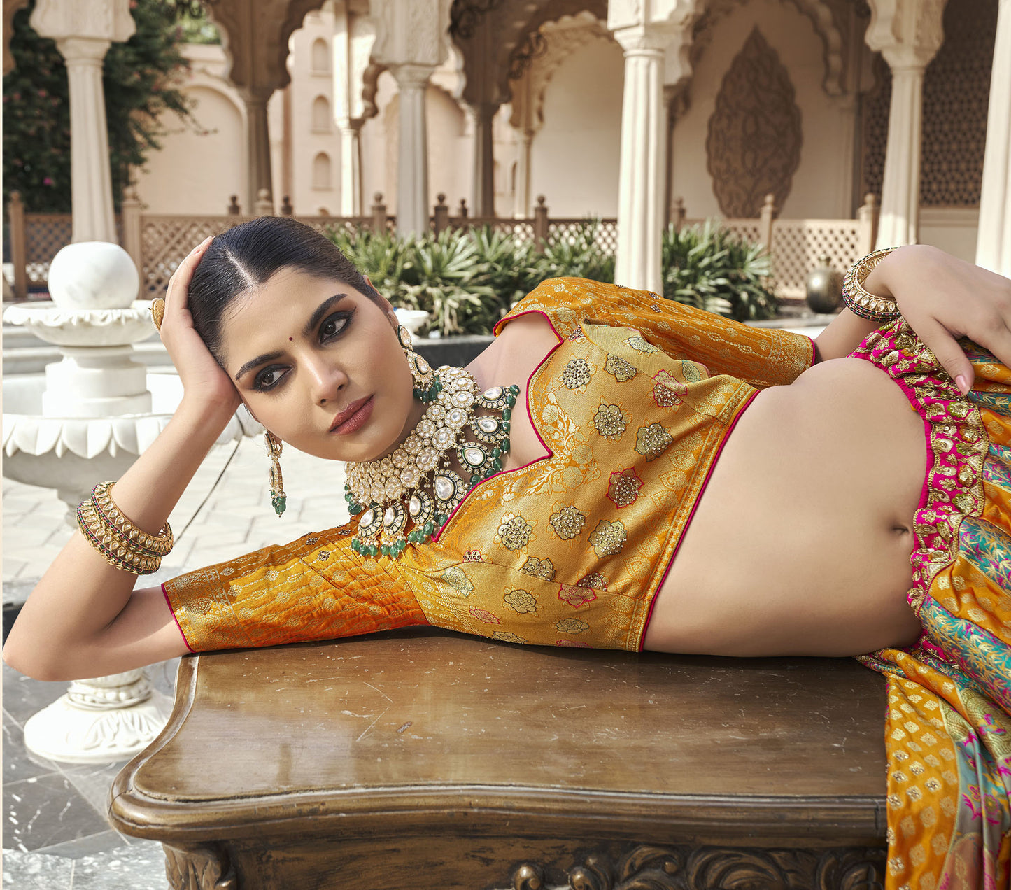 Yellow & Pink Silk Zarkan & Cutwork Embroidery Banarasi Bridal Lehenga