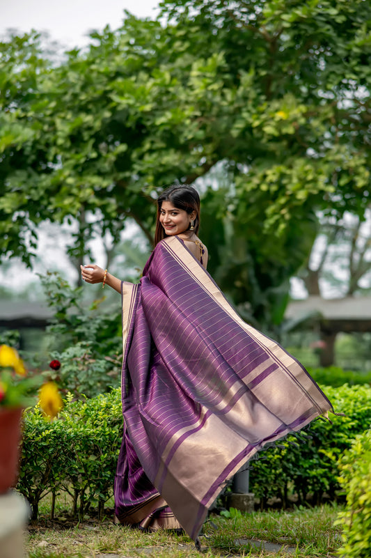 Wine Raw Silk Lining Zari woven Saree