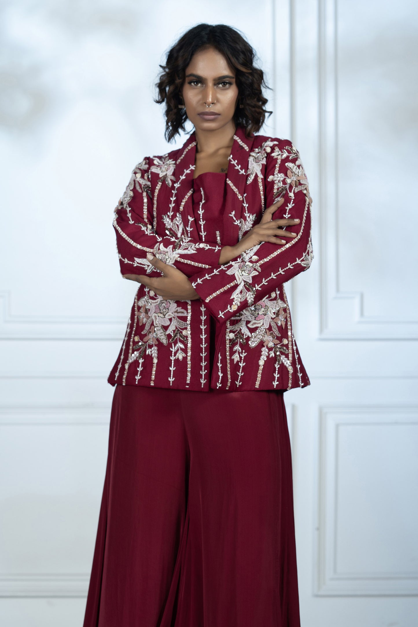 Maroon Upada Silk Embroidered Applique 3 Piece Set