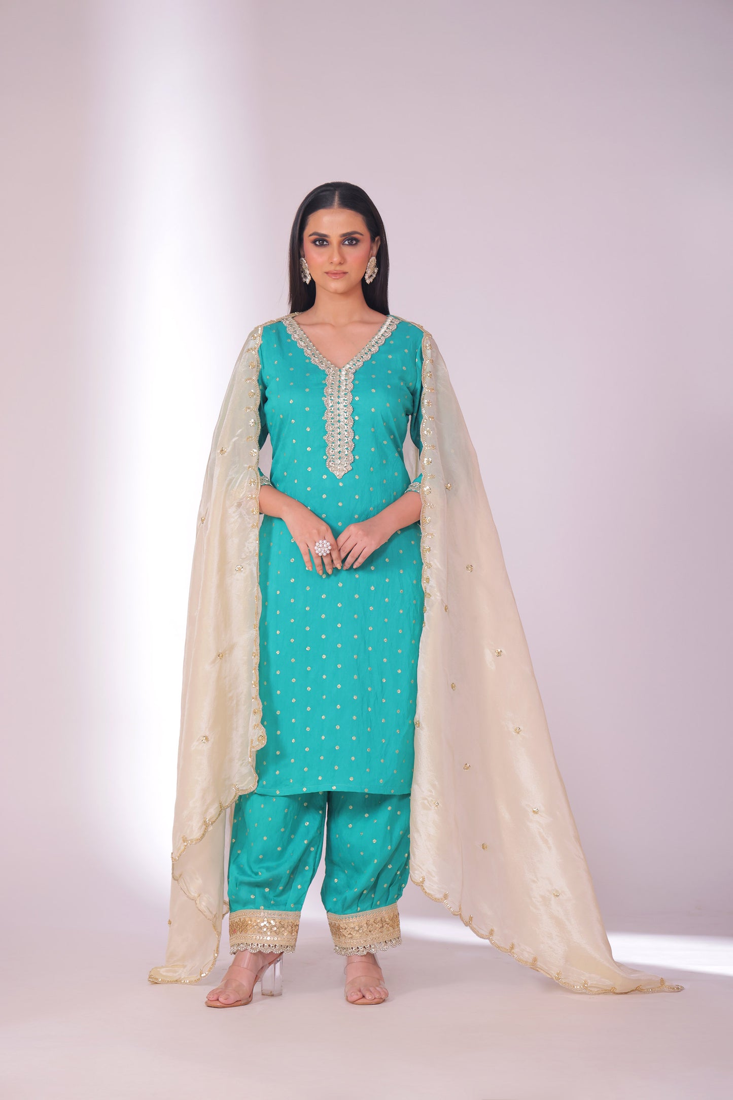 Mastani Turquoise Embroidered Chanderi Kurta And Afghani Pant With Dupatta