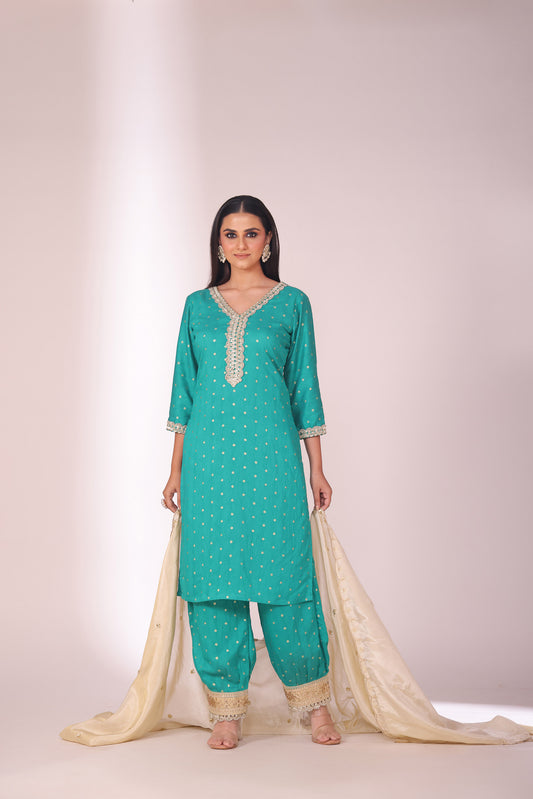 Mastani Turquoise Embroidered Chanderi Kurta And Afghani Pant With Dupatta