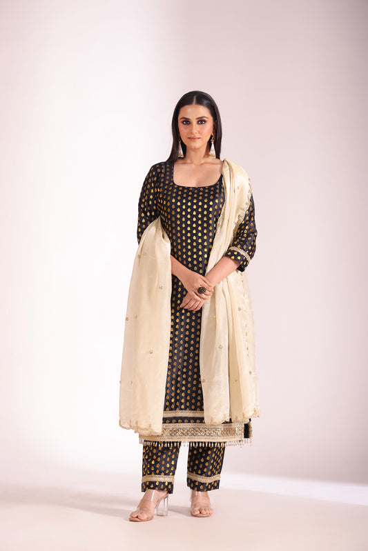 Noorika Black Embroidered Silk Kurta And Dupatta