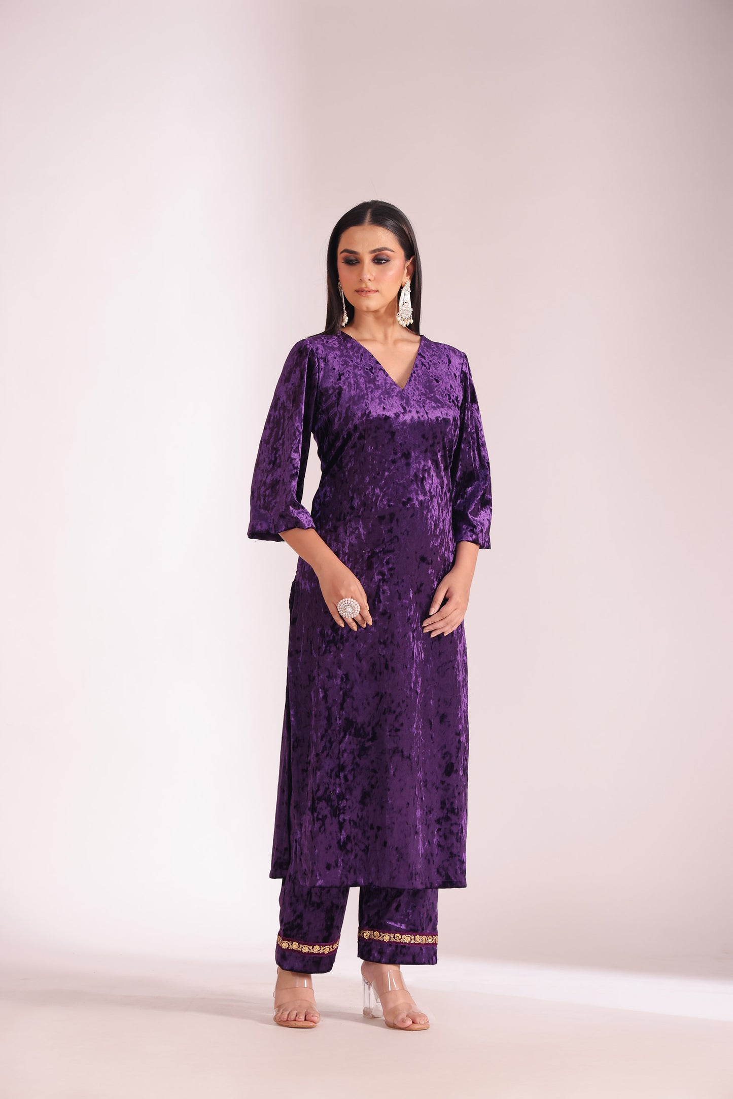 Noor-e-zar Purple Velvet Embroidered Kurta with Palazzo And Shawl