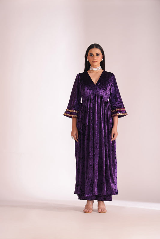 Noor-e-zar Purple Velvet Embroidered Anarkali With Palazzo And Shawl