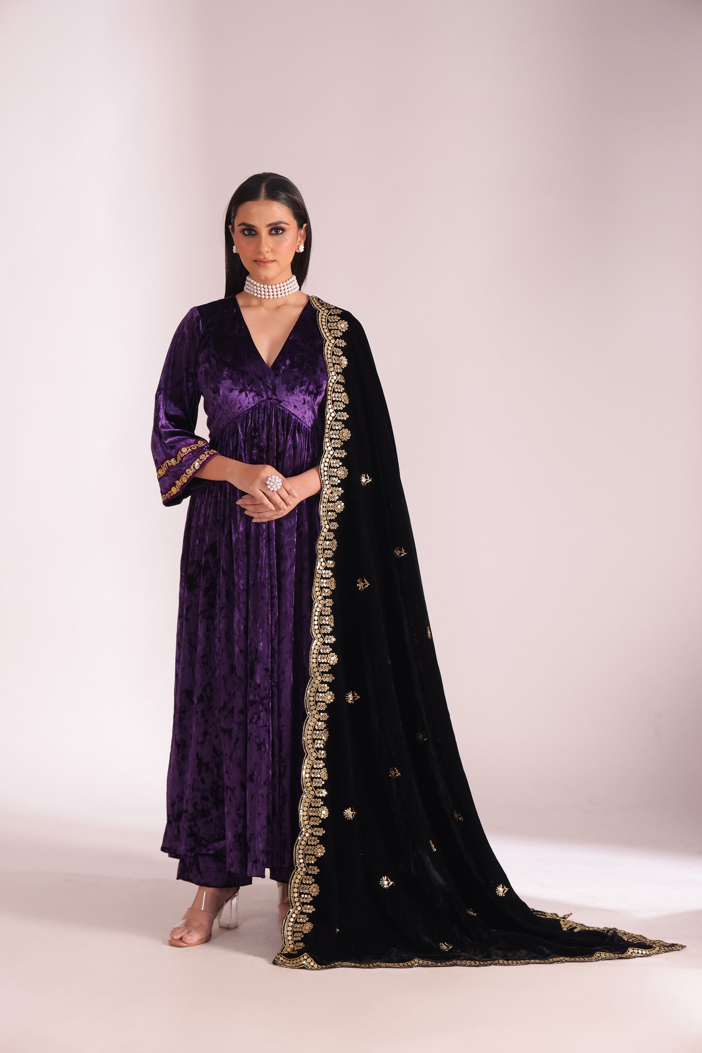 Noor-e-zar Purple Velvet Embroidered Anarkali With Palazzo And Shawl