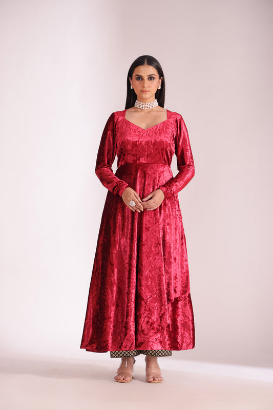 Noor-e-zar Red Velvet Embroidered Anarkali With Palazzo & Shawl