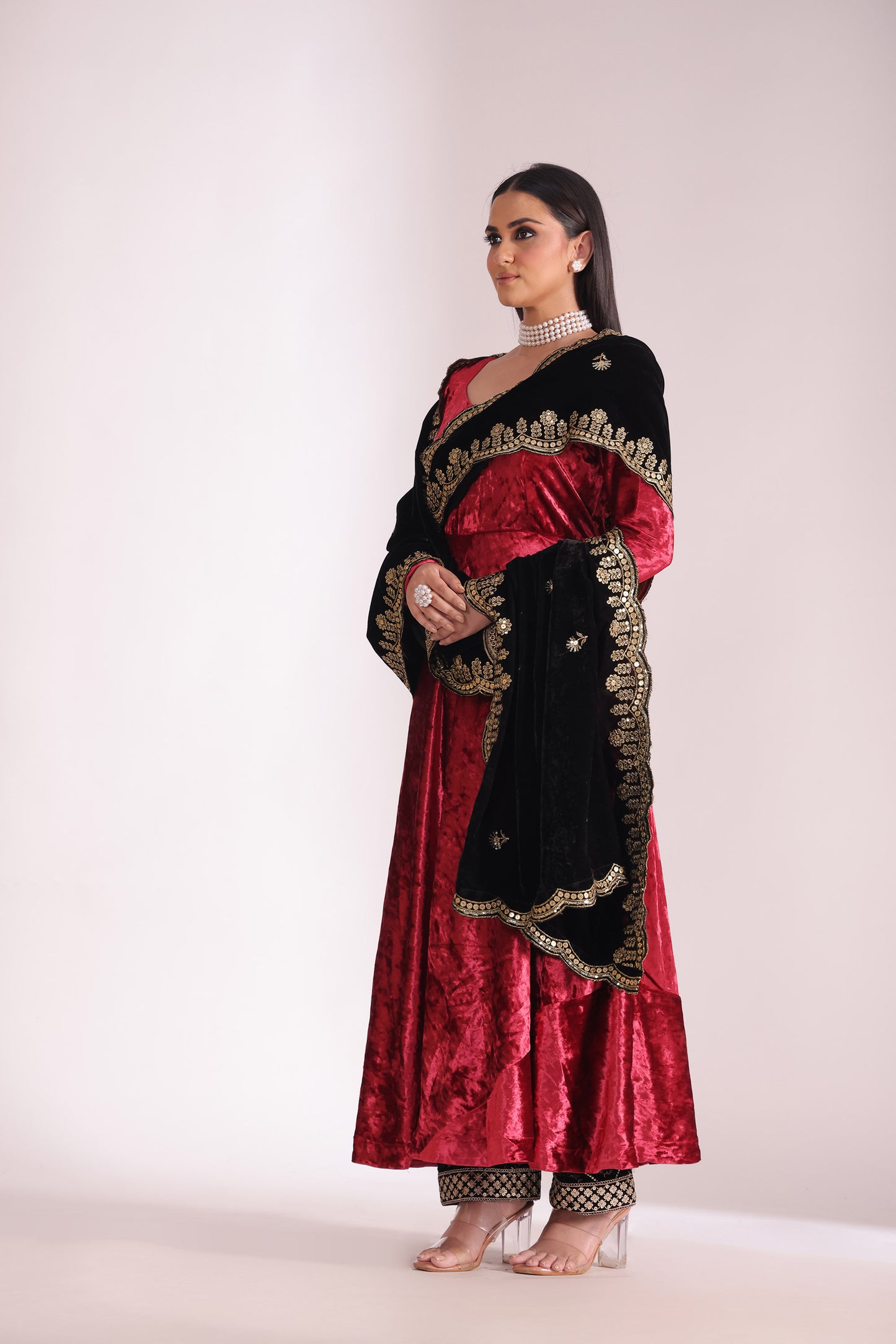 Noor-e-zar Red Velvet Embroidered Anarkali With Palazzo & Shawl