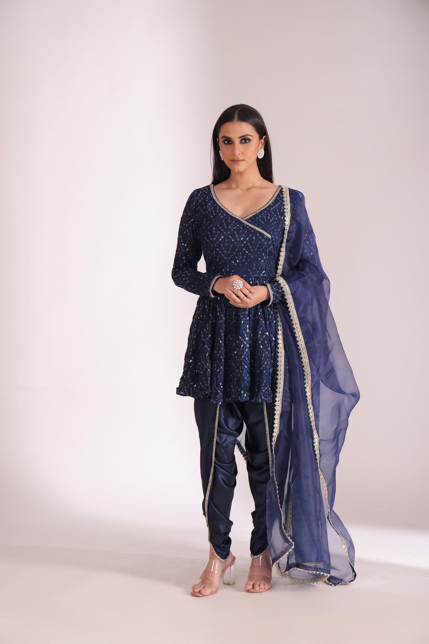 Mastani Navy Blue Embroidered Georgette Peplum Angrakha And Dhoti With Dupatta