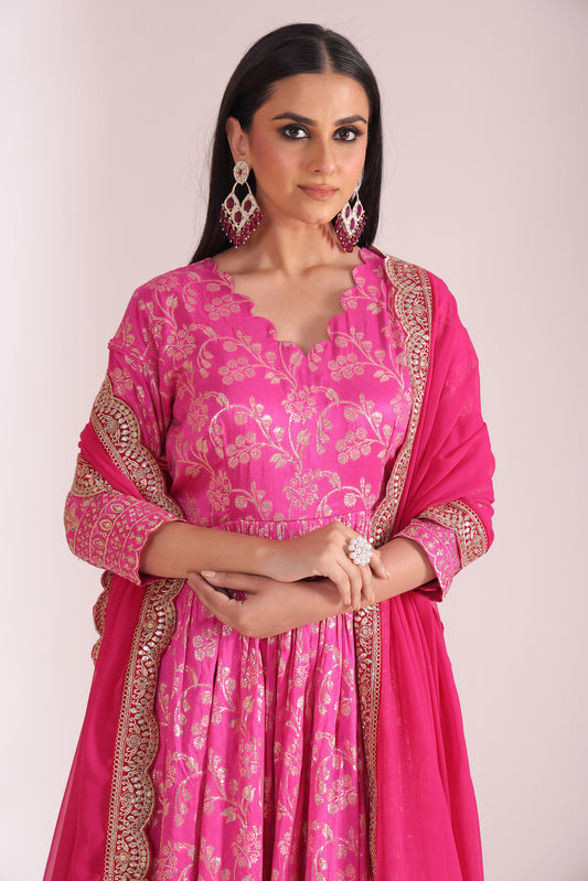 Noorika Fuschia Embroidered Chanderi Anarkali With Pant And Dupatta