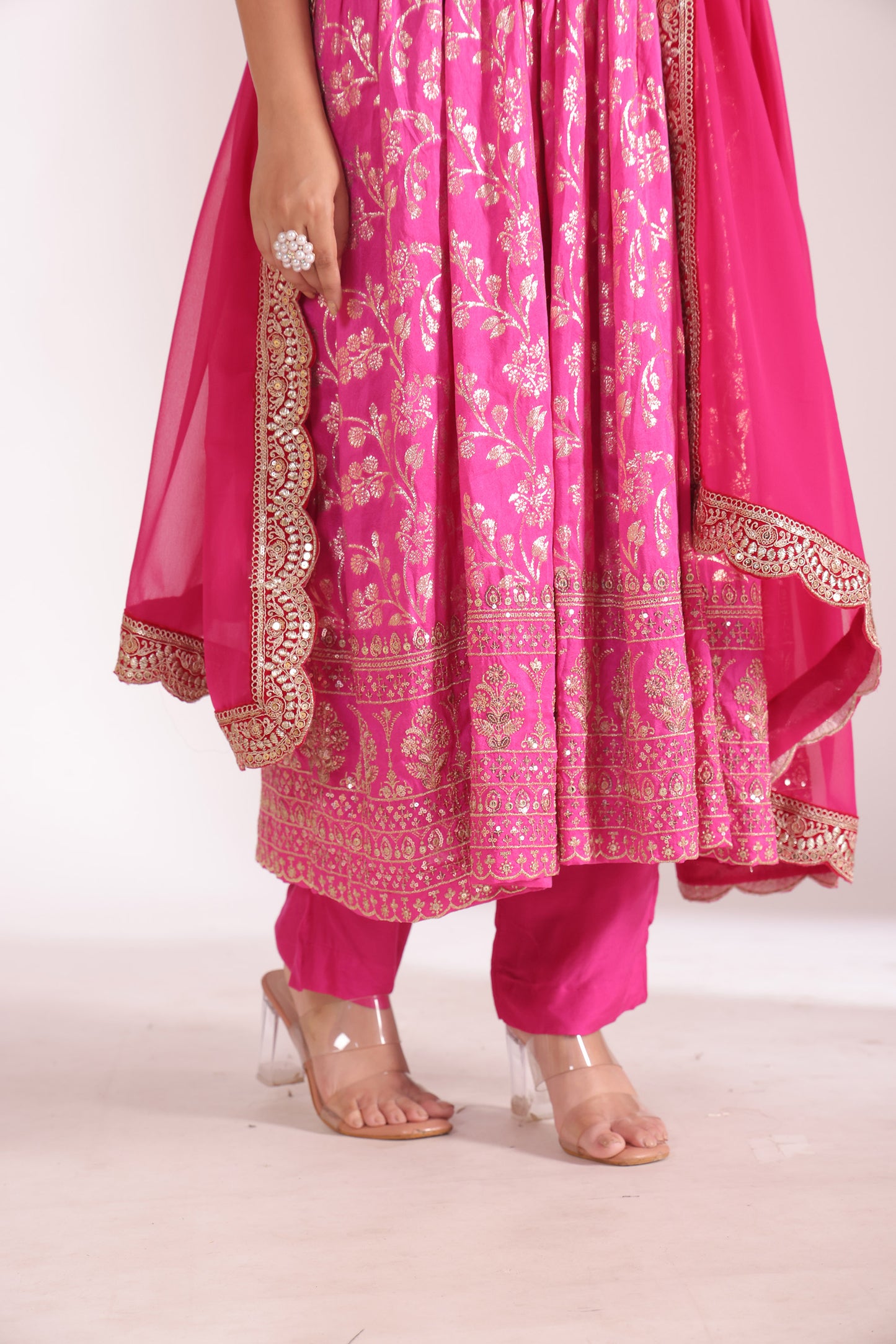 Noorika Fuschia Embroidered Chanderi Anarkali With Pant And Dupatta