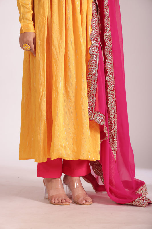 Mastani Yellow & Pink Embroidered Chanderi Anarkali And Pant With Dupatta